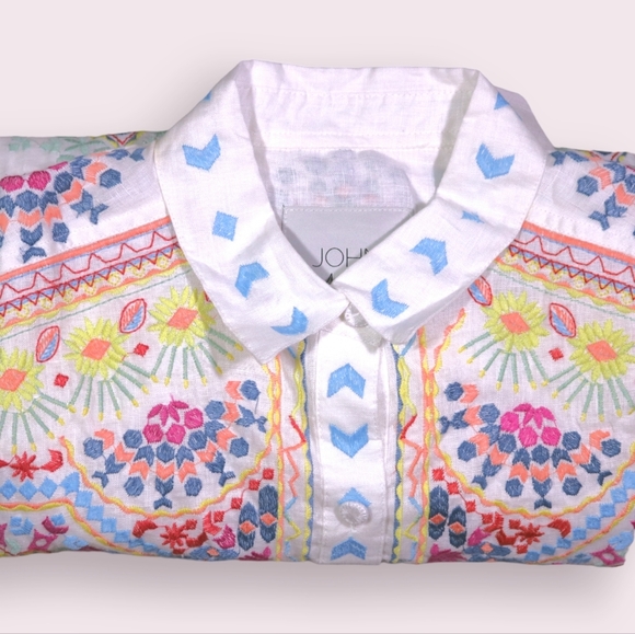 NWT John Mark Boho Embroidered Linen Cream Button Down Shirt S Top Blouse NEW - Picture 2 of 5